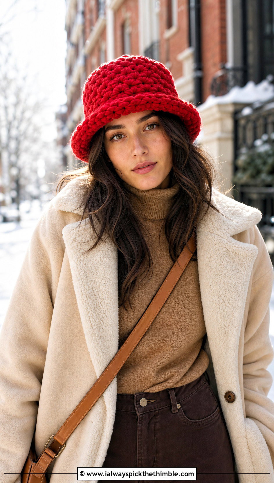 Chunky Stitch Red Crochet Bucket Hat With Shearling Coat - 20 red crochet bucket hat outfit ideas