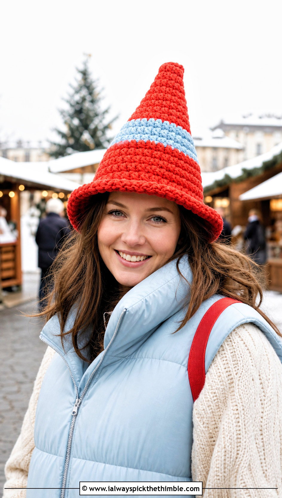 Chunky Stitch Traffic Cone Hat With Puffer Vest - 20 crochet traffic cone hat outfit ideas