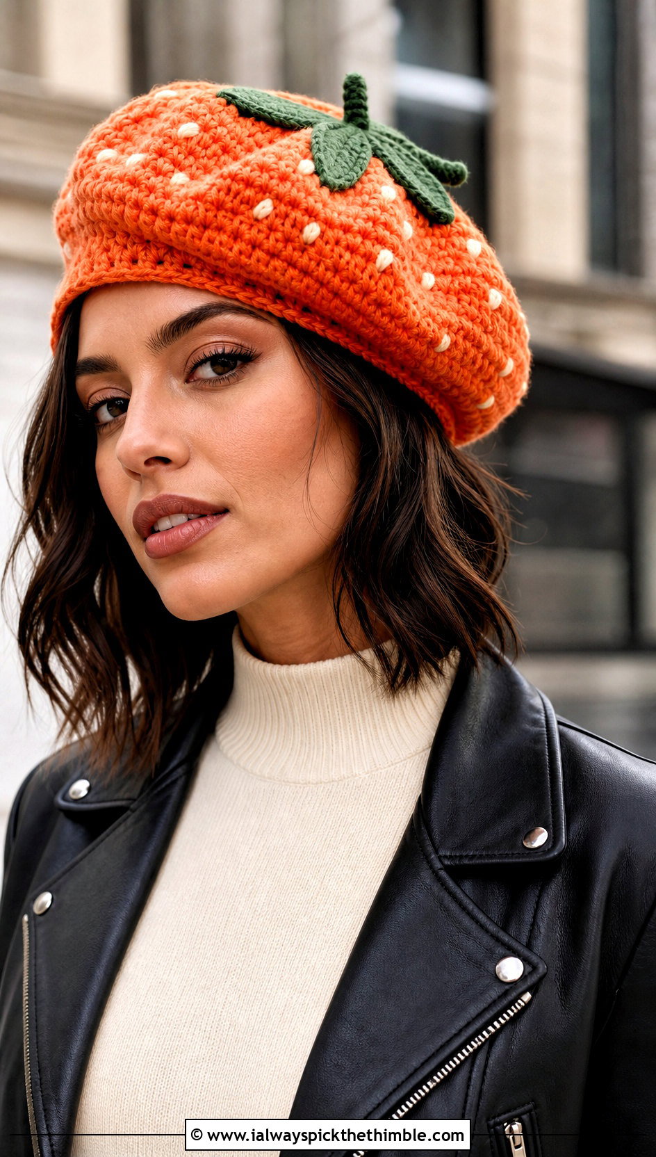 Chunky Strawberry Crochet Beret With Leather Jacket - 20 strawberry crochet beret outfit ideas