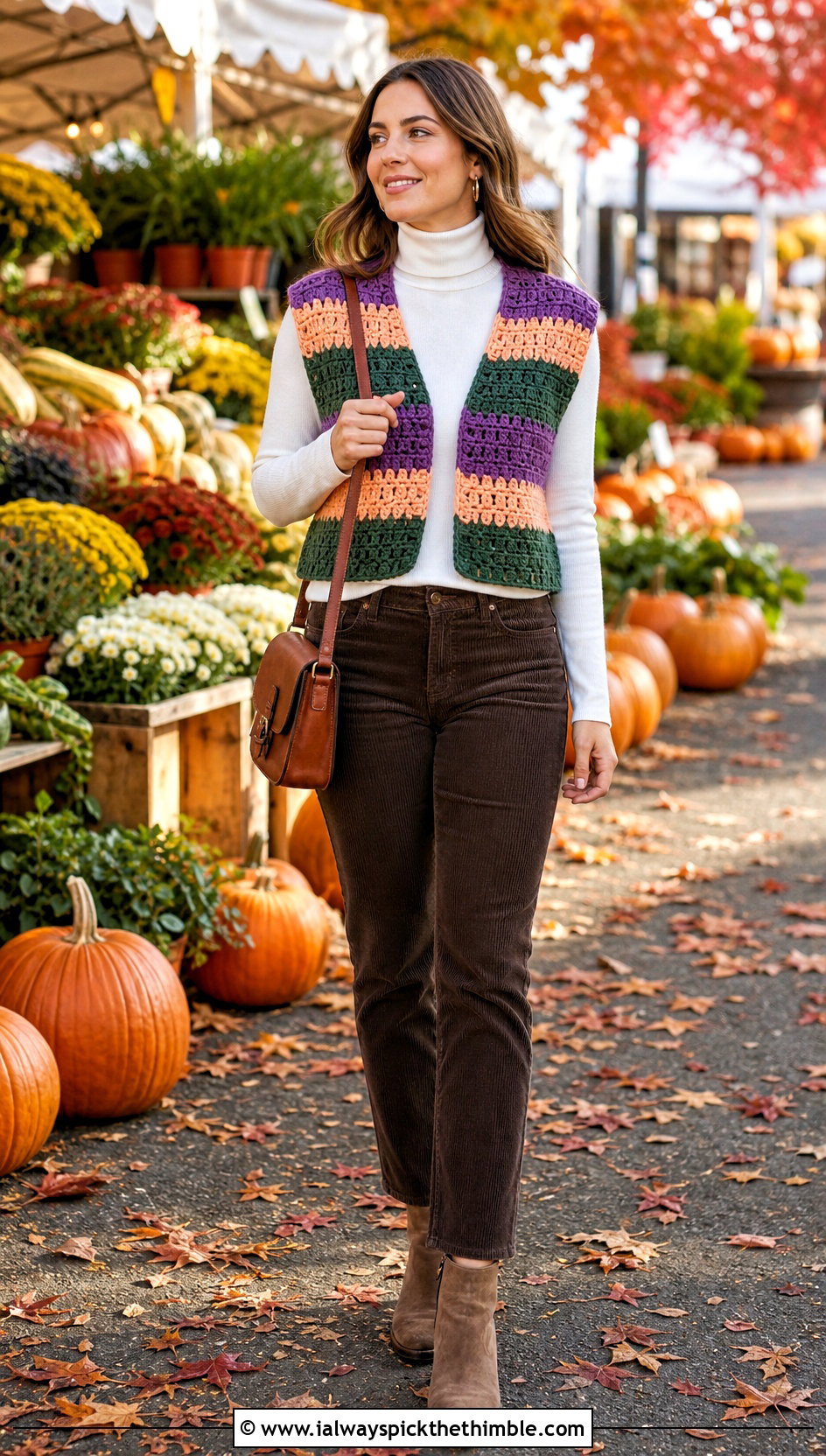 Chunky Stripe Crochet Vest With Corduroy Pants - 20 crochet vest stripes outfit ideas