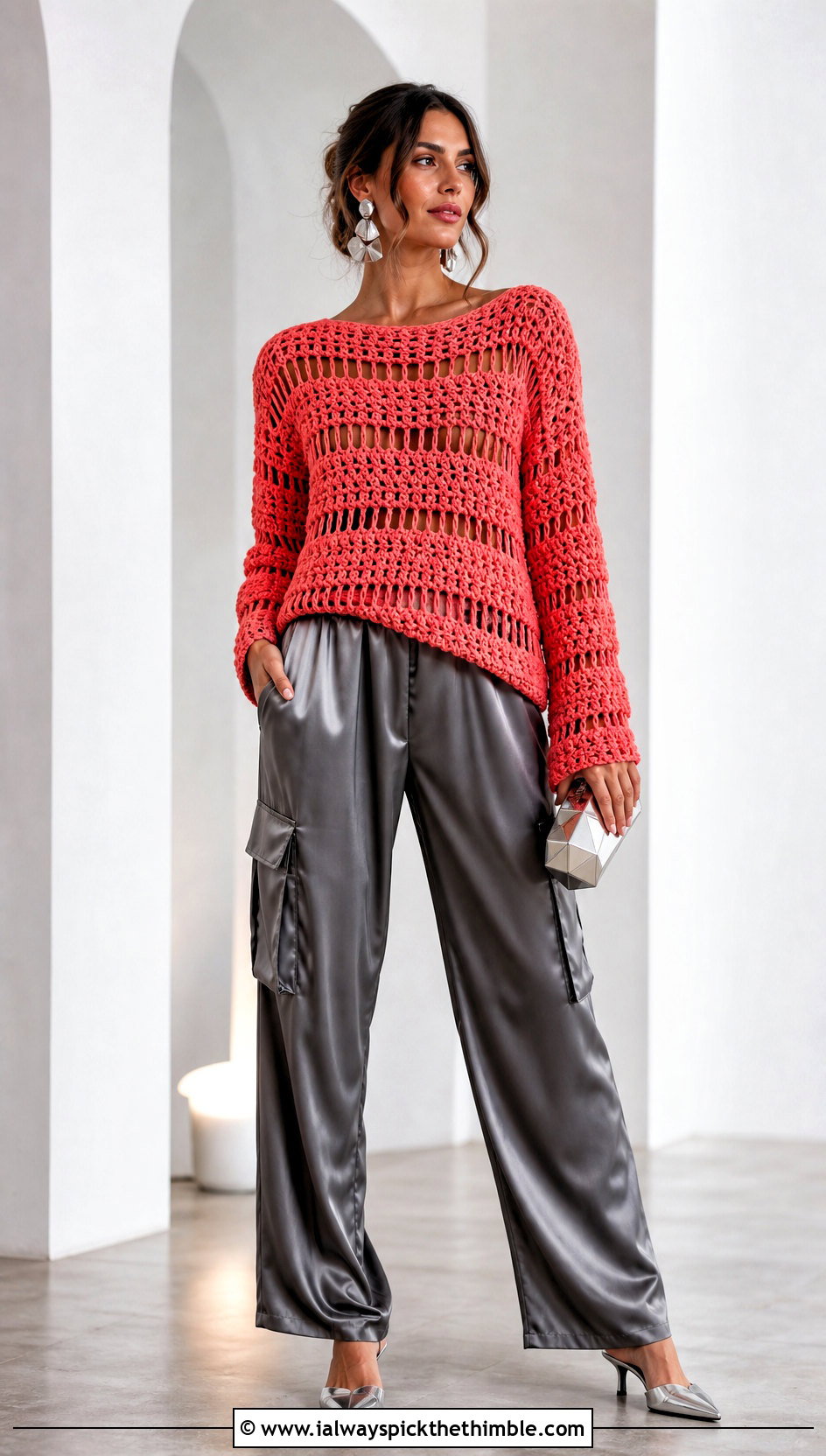 Chunky Stripe Pixie Crochet Sweater With Satin Cargo Pants - 20 Pixie Crochet Sweater outfit ideas