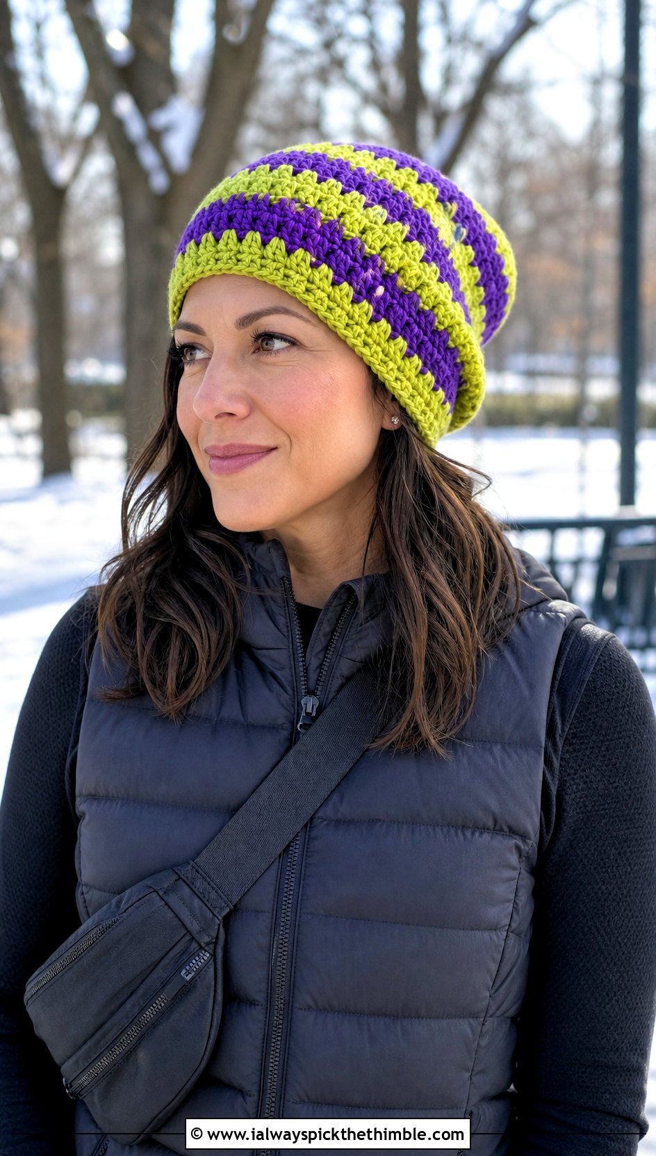 Chunky Stripe Slouchy Crochet Beanie With Puffer Vest - 15 Striped Slouchy Crochet Beanie outfit ideas