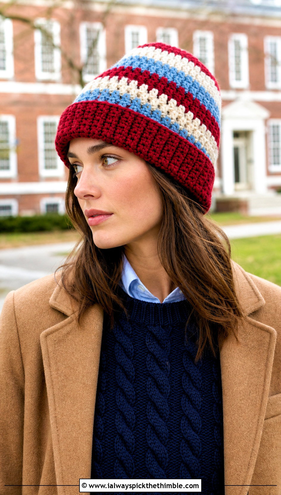 Chunky Striped Beanie With Preppy Layers - 20 chunky yarn crochet beanie outfit ideas