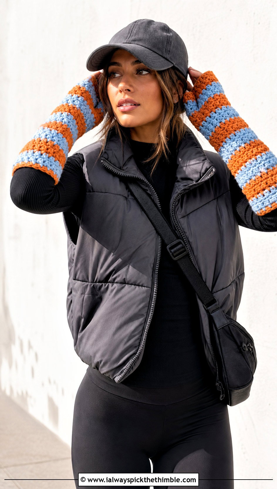 Chunky Striped Crochet Arm Warmers With Puffer Vest - 15 Striped Crochet Arm Warmers outfit ideas