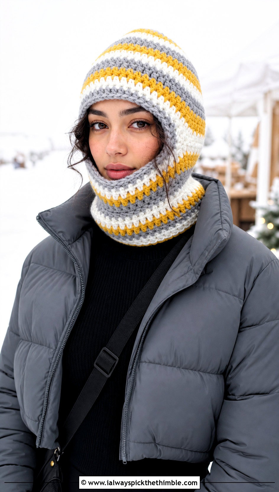 Chunky Striped Crochet Balaclava With Puffer Jacket - 15 Striped Crochet Balaclava outfit ideas