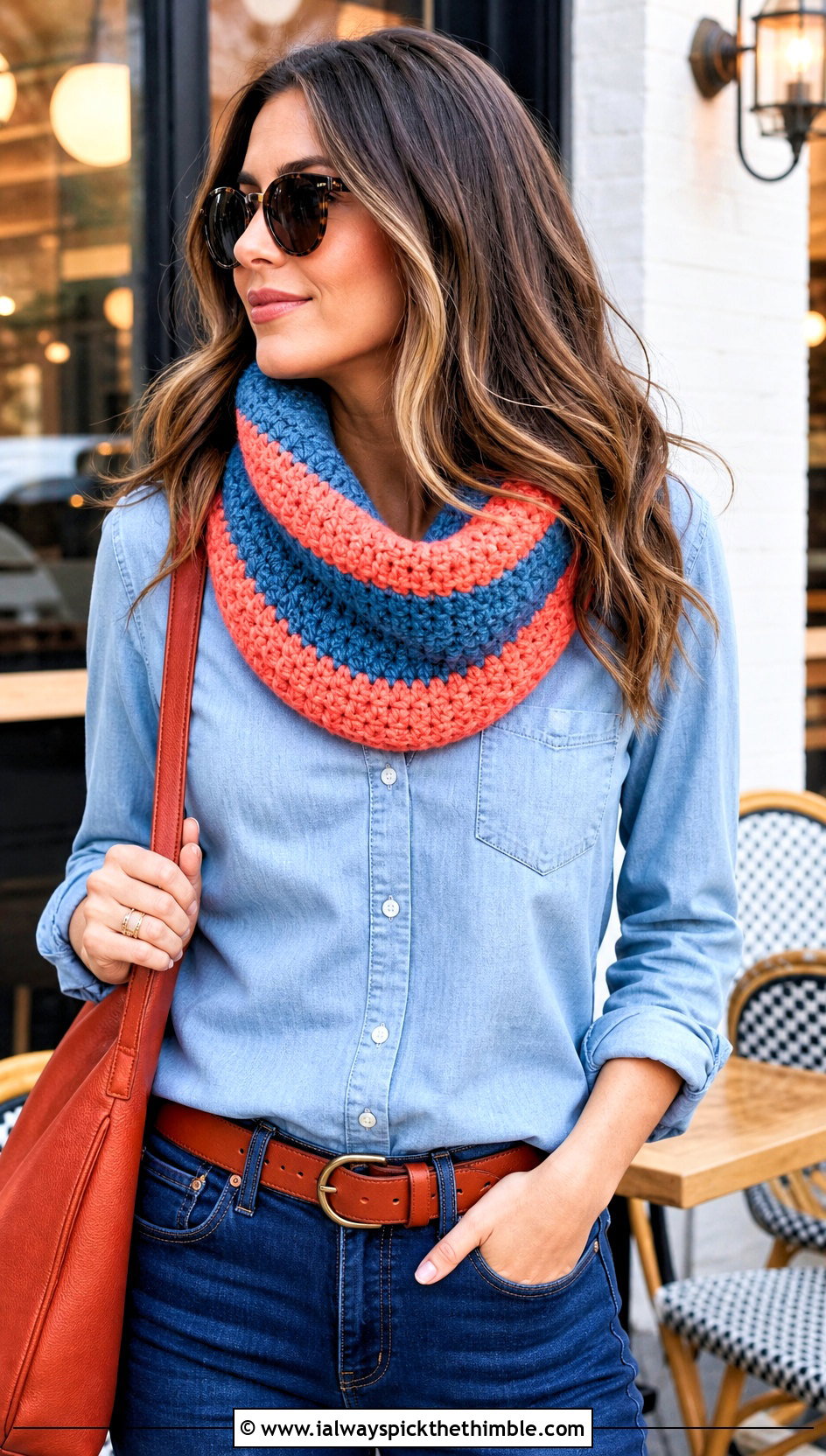 Chunky Striped Crochet Cowl With Denim Shirt - 20 chunky crochet cowl outfit ideas