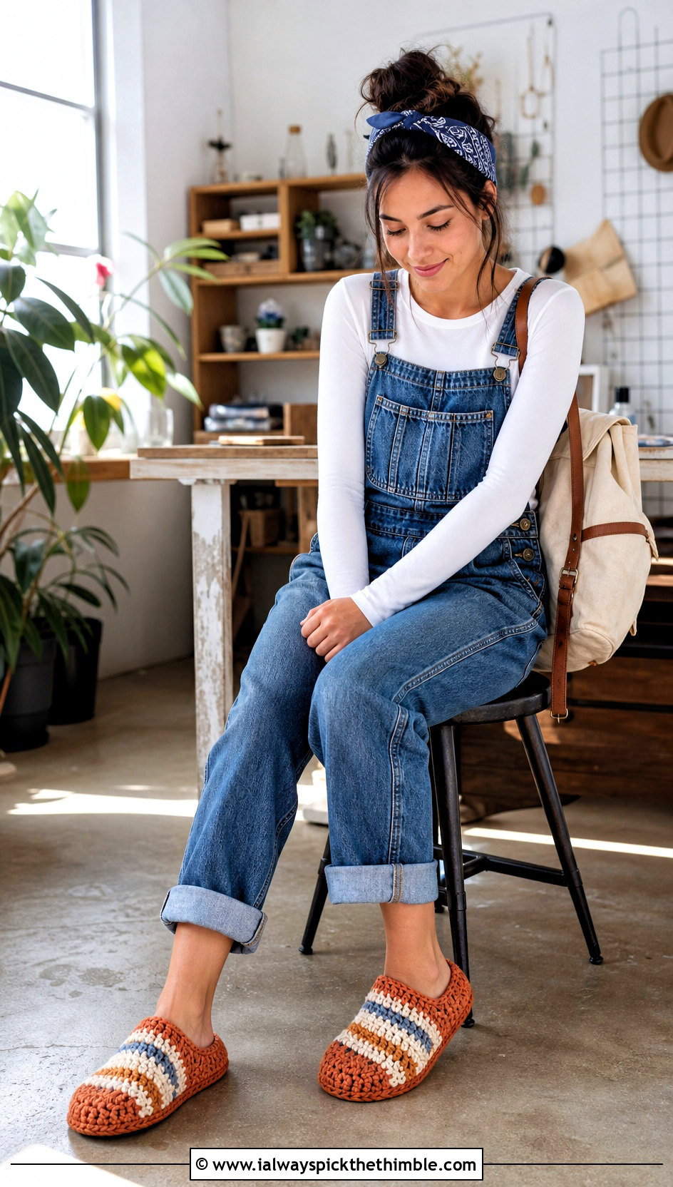 Chunky Striped Crochet Slippers With Overalls And Long Sleeve Tee - 20 chunky crochet slippers outfit ideas