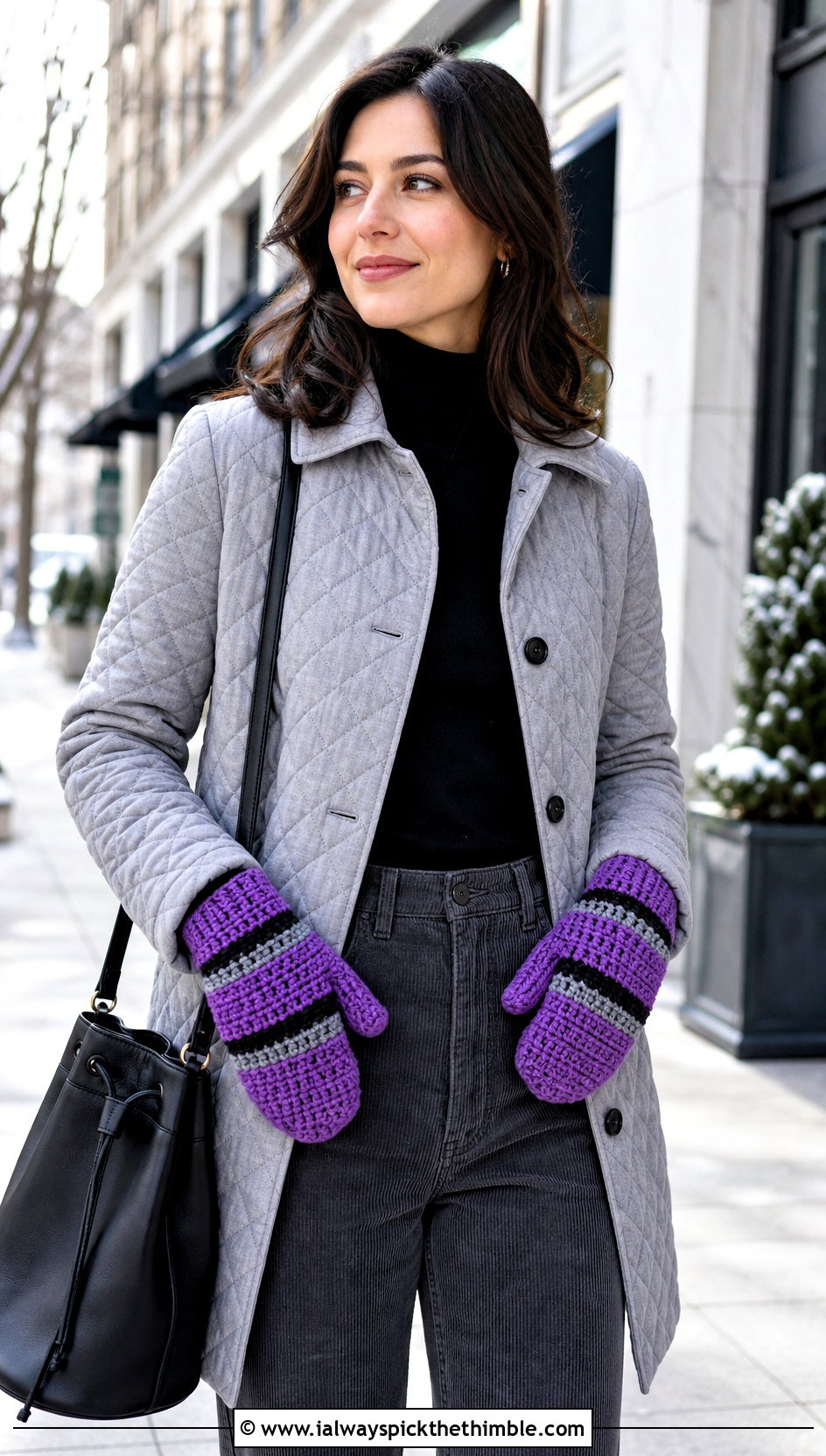 Chunky Striped Full Finger Gloves With Quilted Coat - 20 Chunky Crochet Gloves outfit ideas