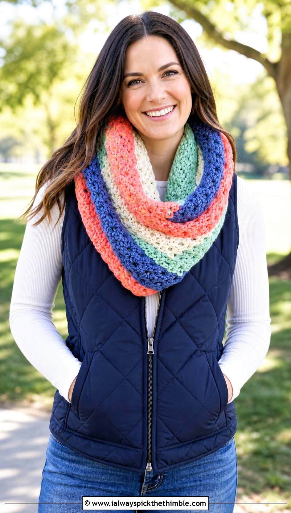 Chunky Striped Infinity Crochet Cowl With Puffer Vest - 20 crochet chunky cowl outfit ideas