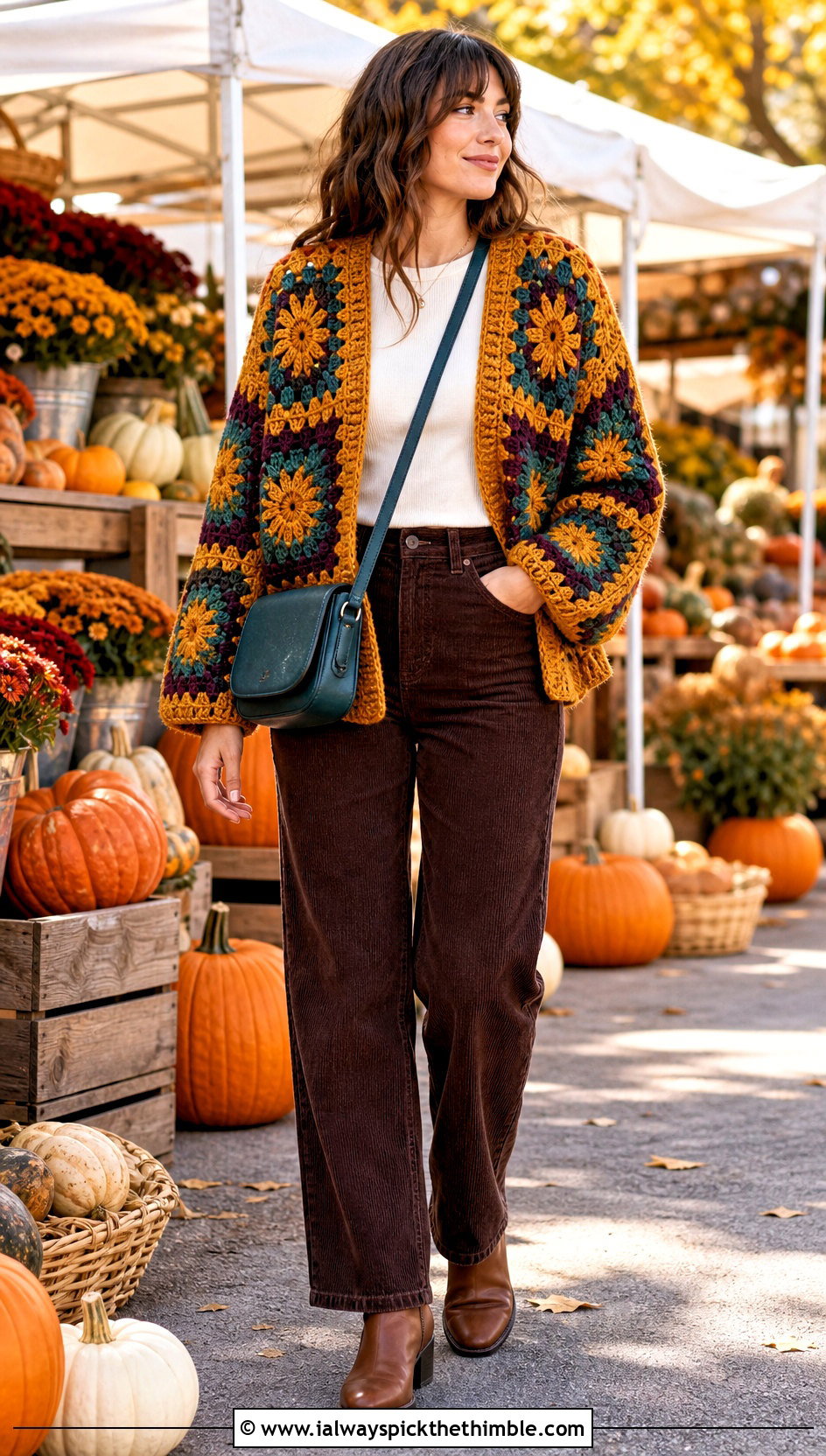 Chunky Sunburst Granny Square Cardigan With Corduroy Pants - 25 sunburst granny square cardigan outfit ideas