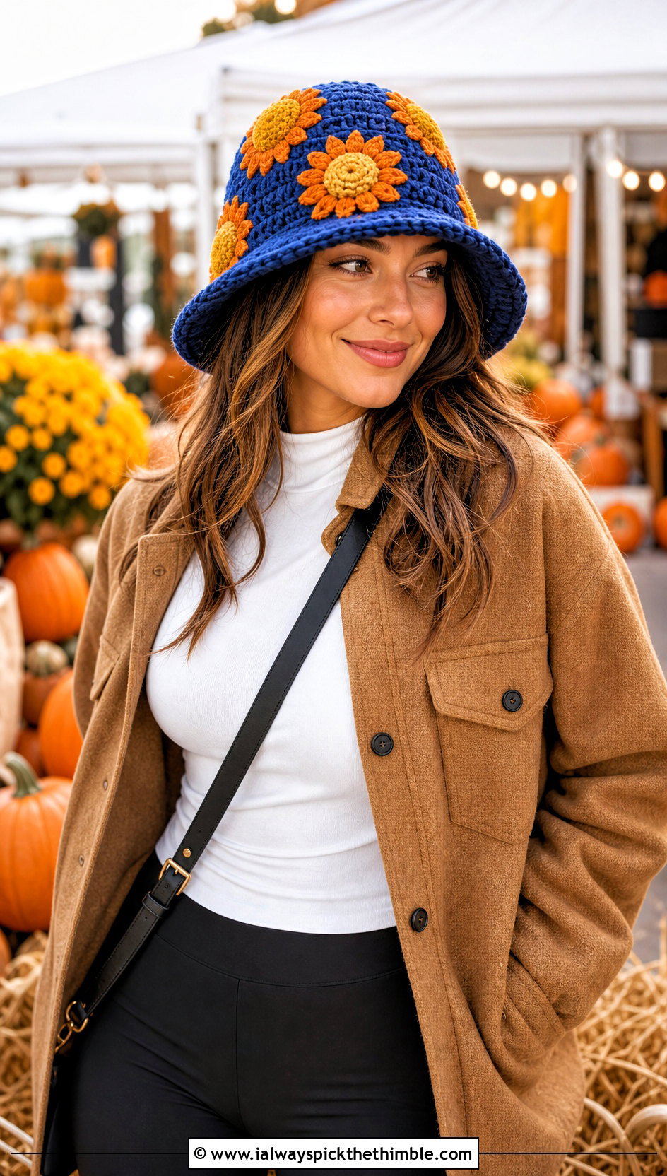 Chunky Sunflower Bucket Hat With Shacket And Leggings - 25 crochet sunflower bucket hat outfit ideas