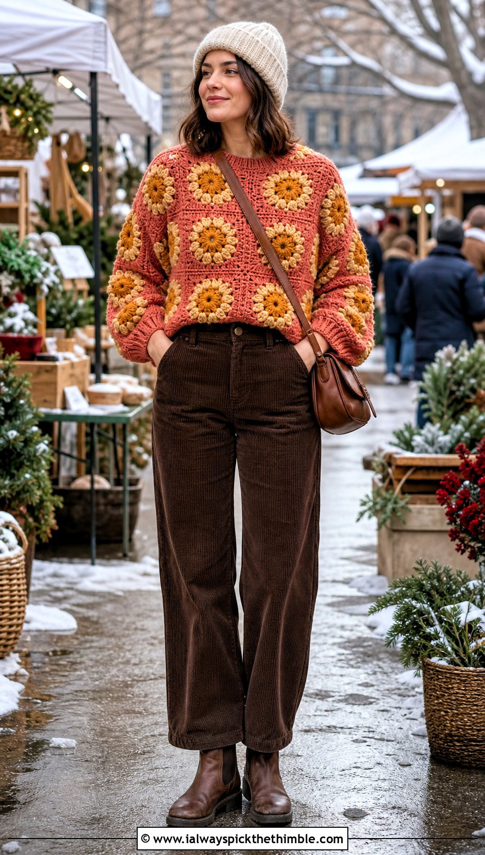 Chunky Sunflower Granny Square Sweater With Corduroy Pants - 20 sunflower granny square sweater outfit ideas