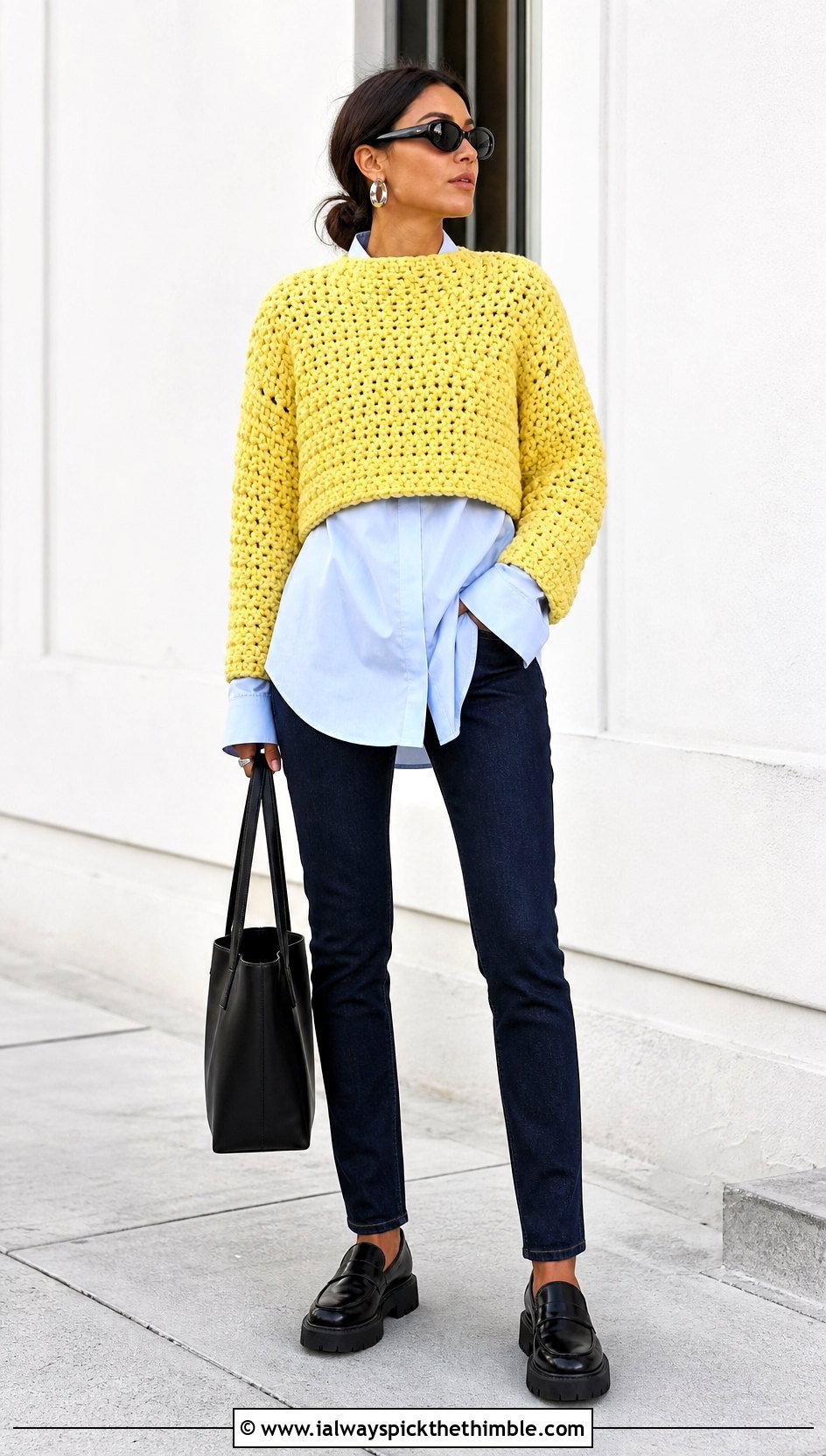 Chunky Super Cropped Crochet Sweater With Poplin Shirt - 20 Super Cropped Crochet Sweater outfit ideas
