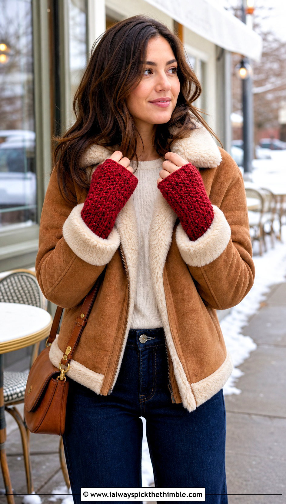 Chunky Suzette Stitch Fingerless Gloves With Shearling Jacket - 20 Chunky Crochet Gloves outfit ideas