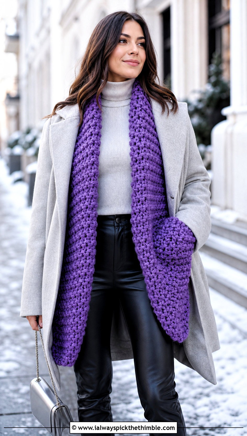 Chunky Sweater Scarf With Faux Leather Pants - 20 crochet scarf with arms outfit ideas