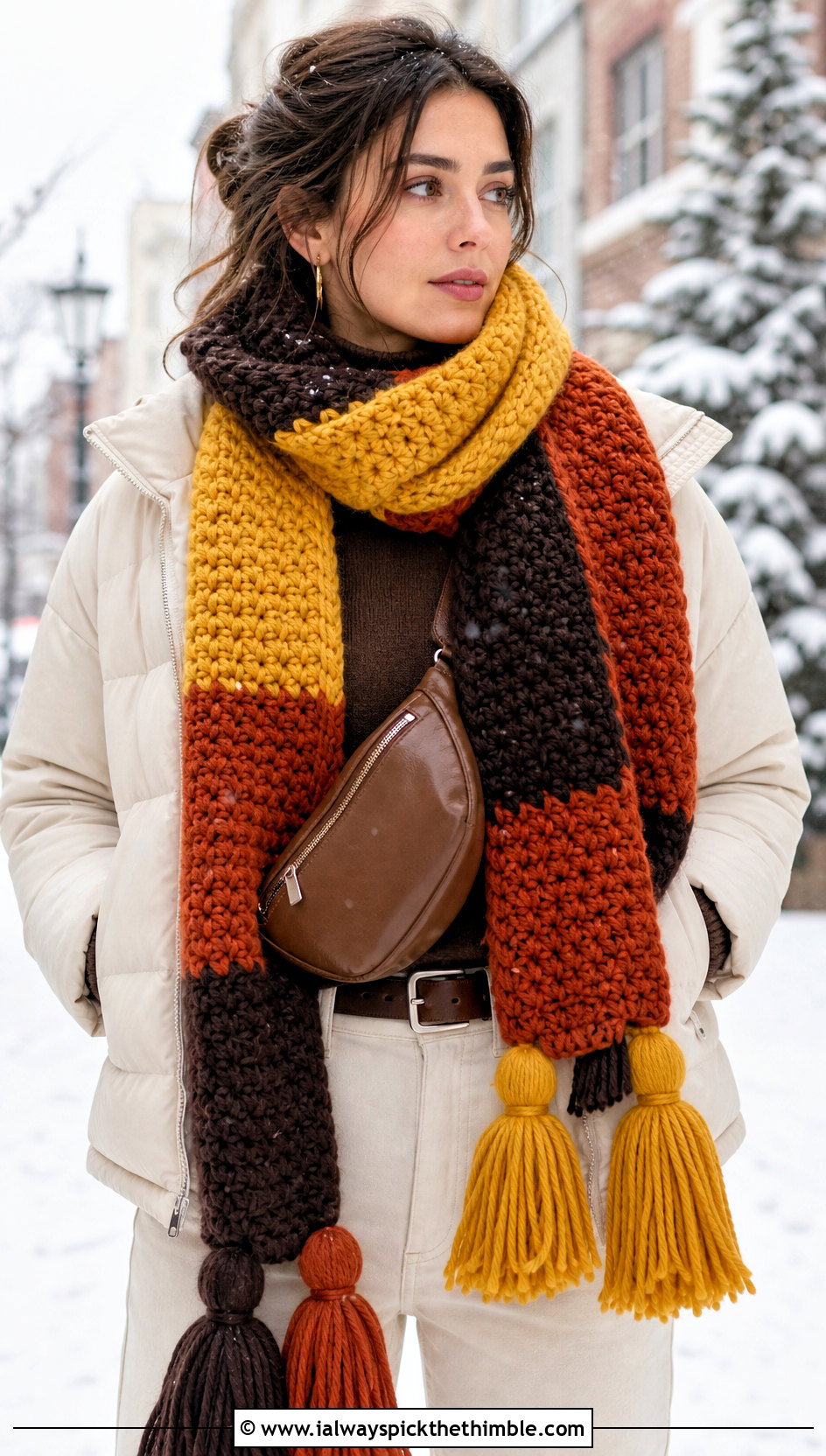 Chunky Tassel Color Block Crochet Scarf With Puffer Jacket - 20 Color Block Crochet Scarf outfit ideas