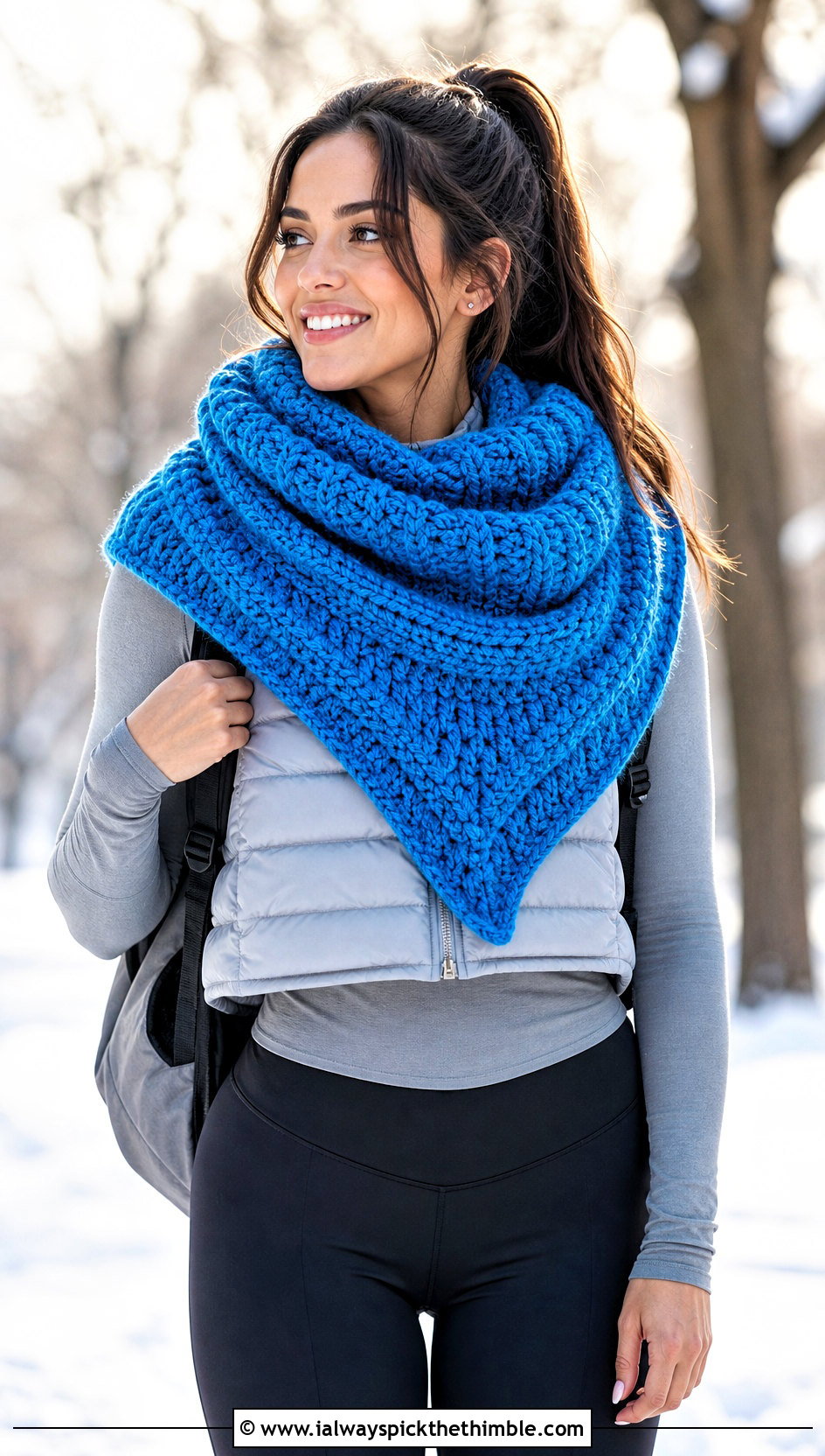 Chunky Textured Crescent Crochet Shawl With Puffer Vest - 20 Crescent Crochet Shawl outfit ideas