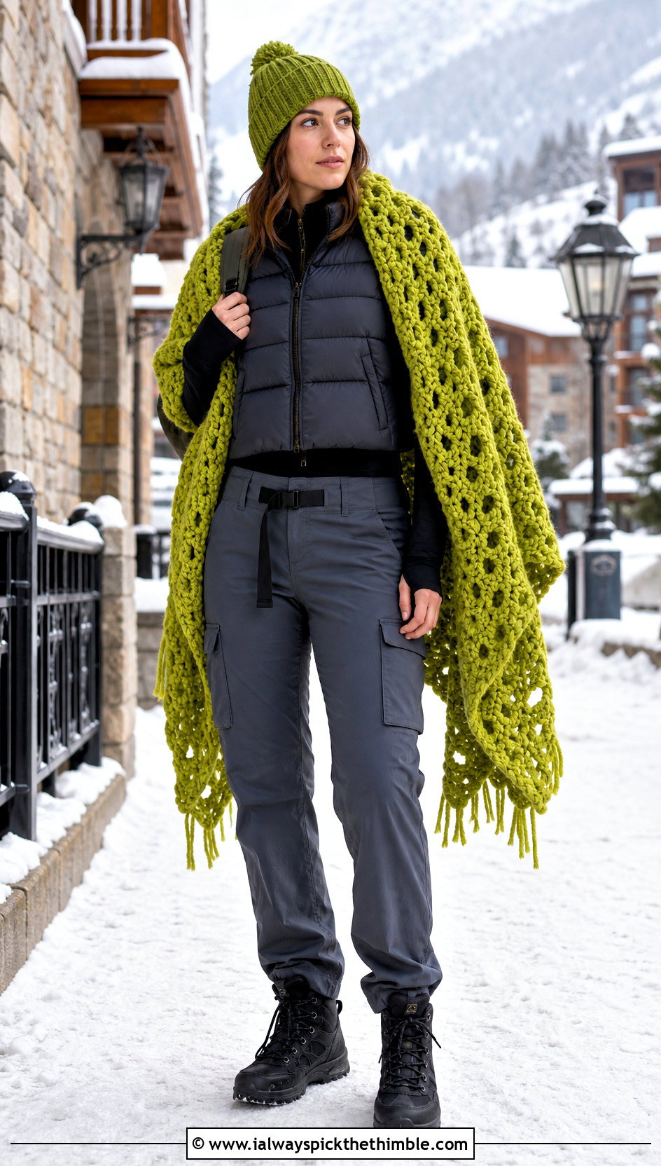 Chunky Textured Crochet Blanket Shawl With Puffer Vest - 15 Crochet Shawl Blanket outfit ideas