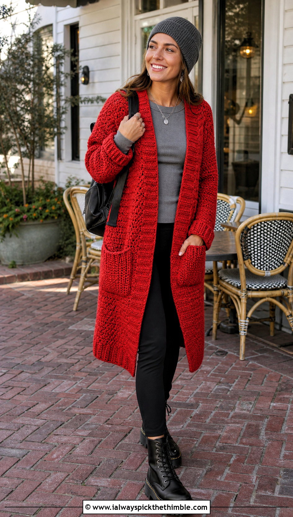 Chunky Textured Crochet Cardigan With Leggings - 15 crochet long cardigan with pockets outfit ideas