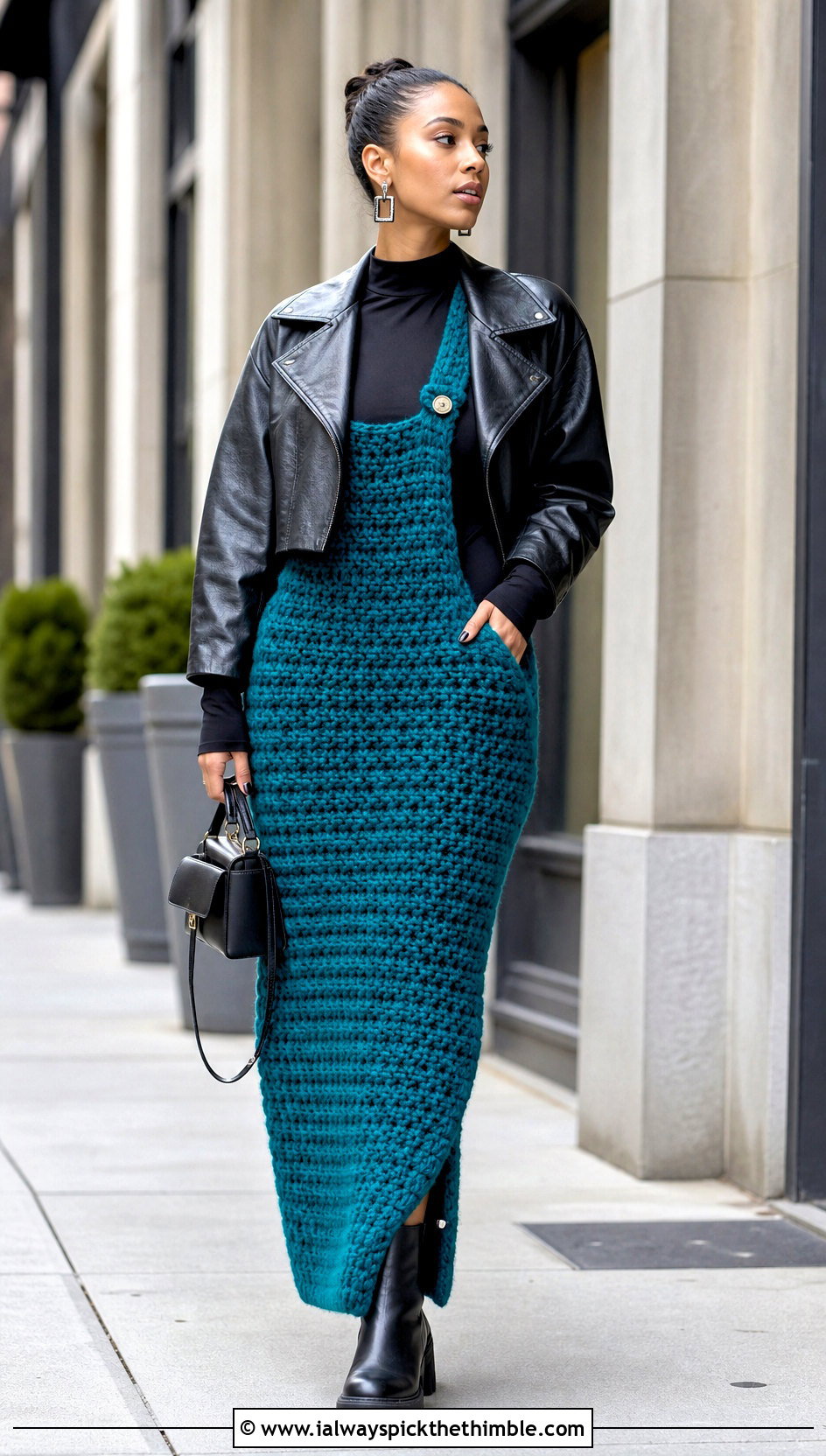 Chunky Textured Crochet Overall Dress With Leather Jacket - 25 Crochet Overall Dress outfit ideas