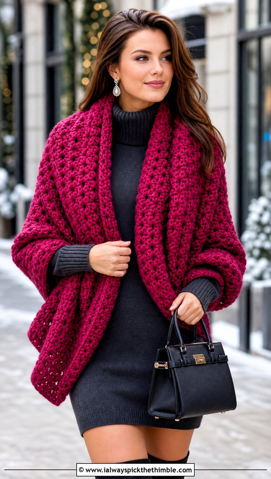 Chunky Textured Crochet Shawl With Sweater Dress - 15 bright crochet shawl outfit ideas