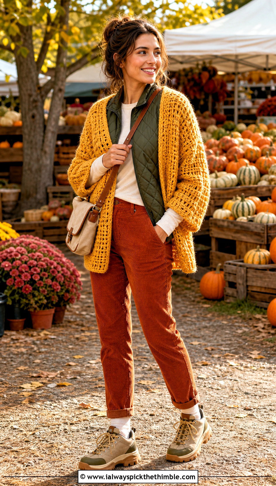 Chunky Textured Crochet Sweater Over Shoulders With Corduroy Pants - 20 Crochet Over The Shoulder Sweater outfit ideas