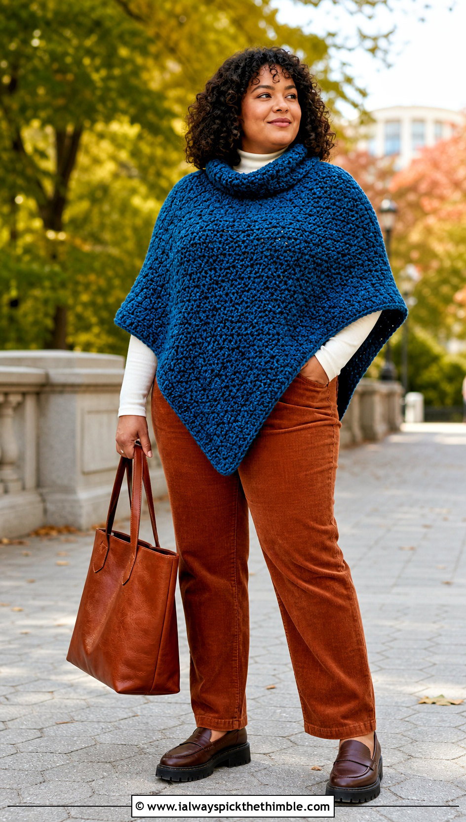 Chunky Textured Crocheted Poncho With Corduroy Pants - 15 Crocheted Poncho outfit ideas