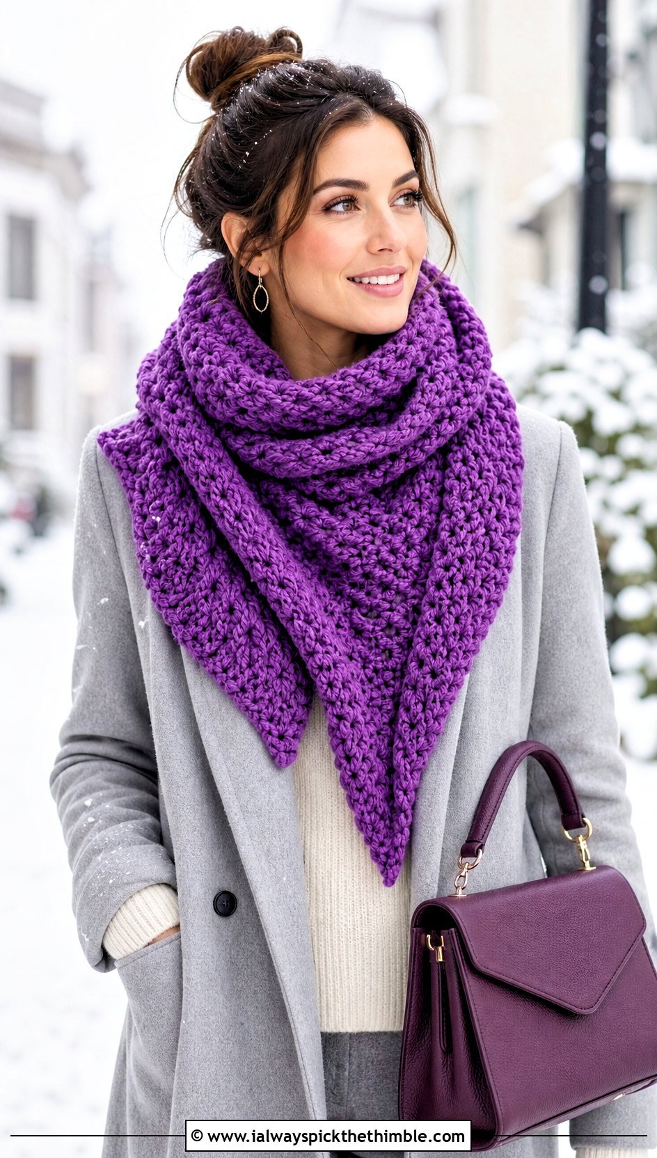 Chunky Textured Crocheted Triangle Scarf With Wool Coat And Leggings - 20 Crocheted Triangle Scarf outfit ideas