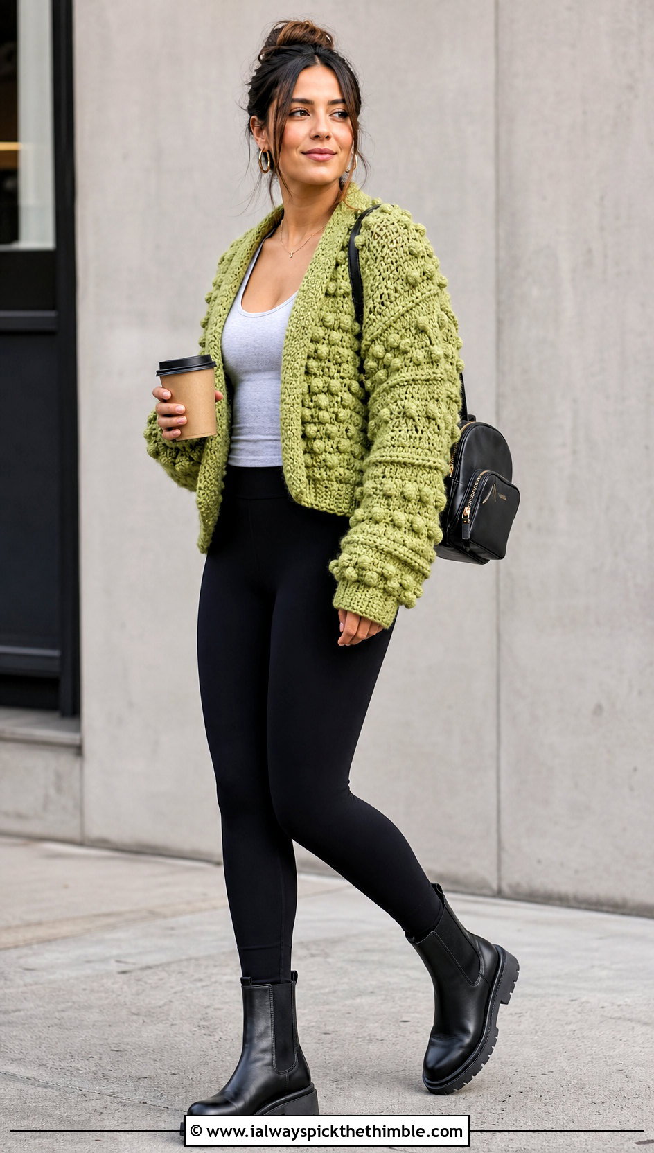 Chunky Textured Sofa Crochet Sweater With Leggings - 15 sofa crochet sweater outfit ideas