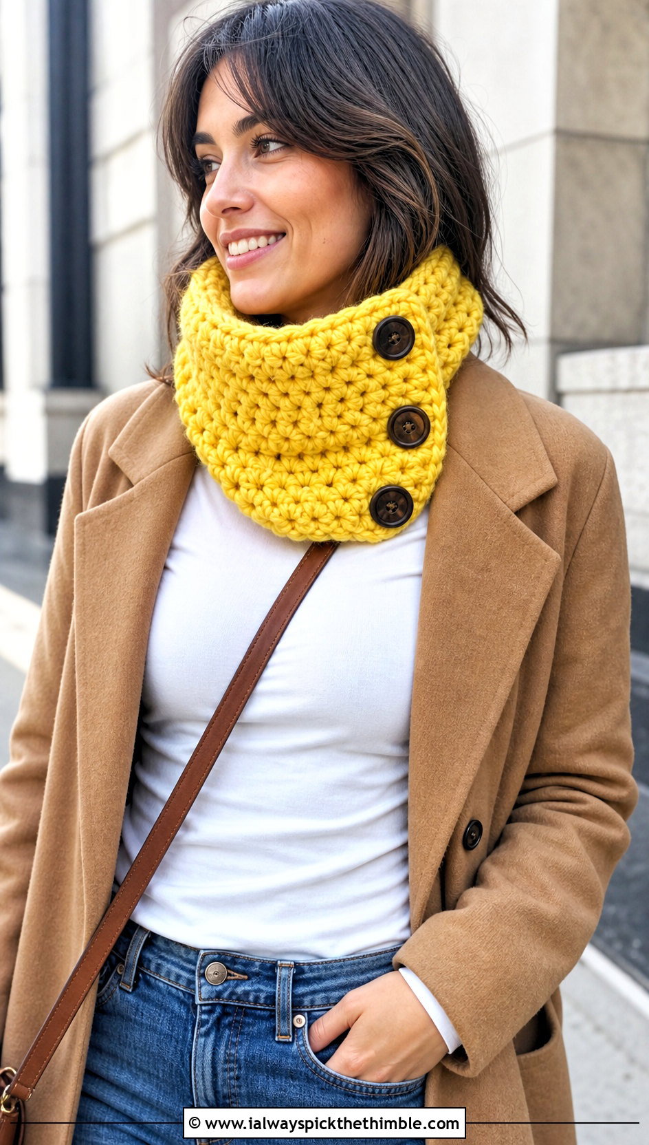 Chunky Three Button Cowl With Straight Leg Jeans - 20 crochet button cowl outfit ideas