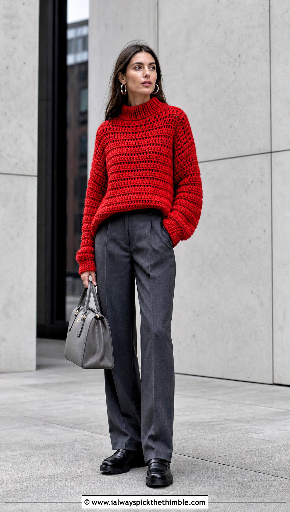 Chunky Top Down Crochet Sweater With Straight Trousers - 25 top down crochet sweater outfit ideas