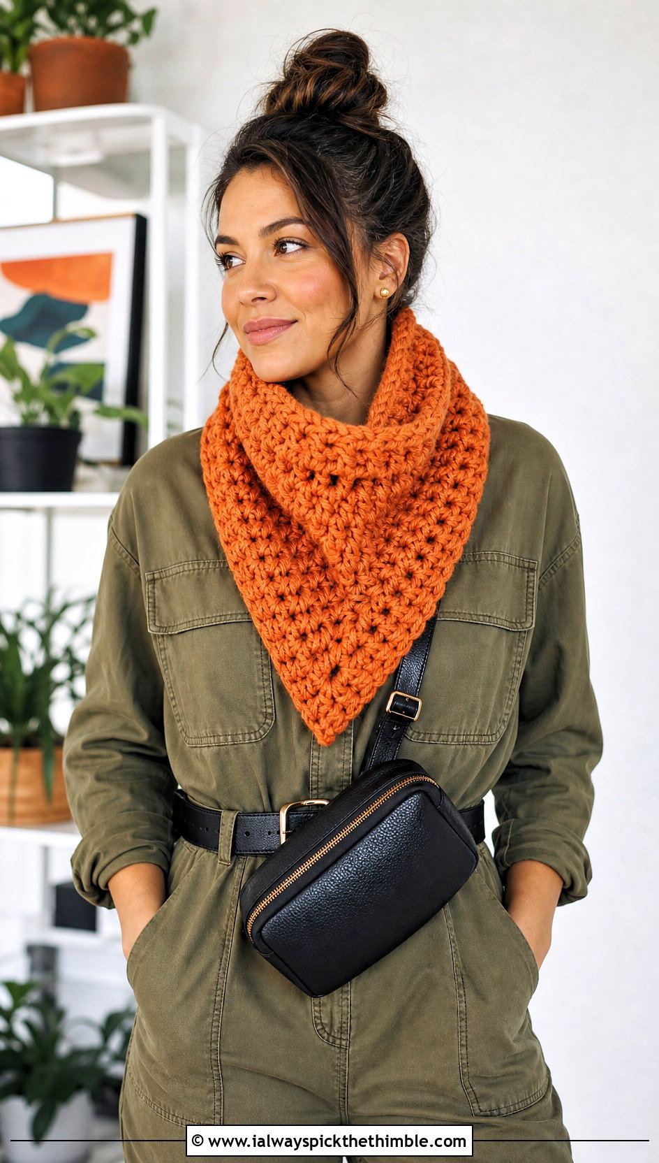Chunky Triangle Crochet Cowl With Utility Jumpsuit - 20 chunky crochet cowl outfit ideas