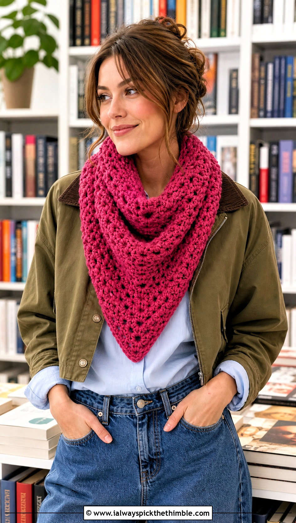 Chunky Triangle Crochet Scarf With Button Down Shirt - 20 Chunky Yarn Crochet Scarf outfit ideas
