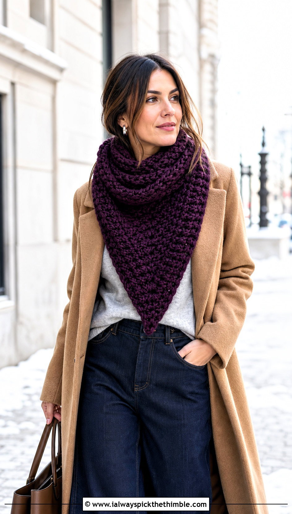 Chunky Triangle Crochet Scarf With Wool Coat - 15 Boho Triangle Crochet Scarf outfit ideas