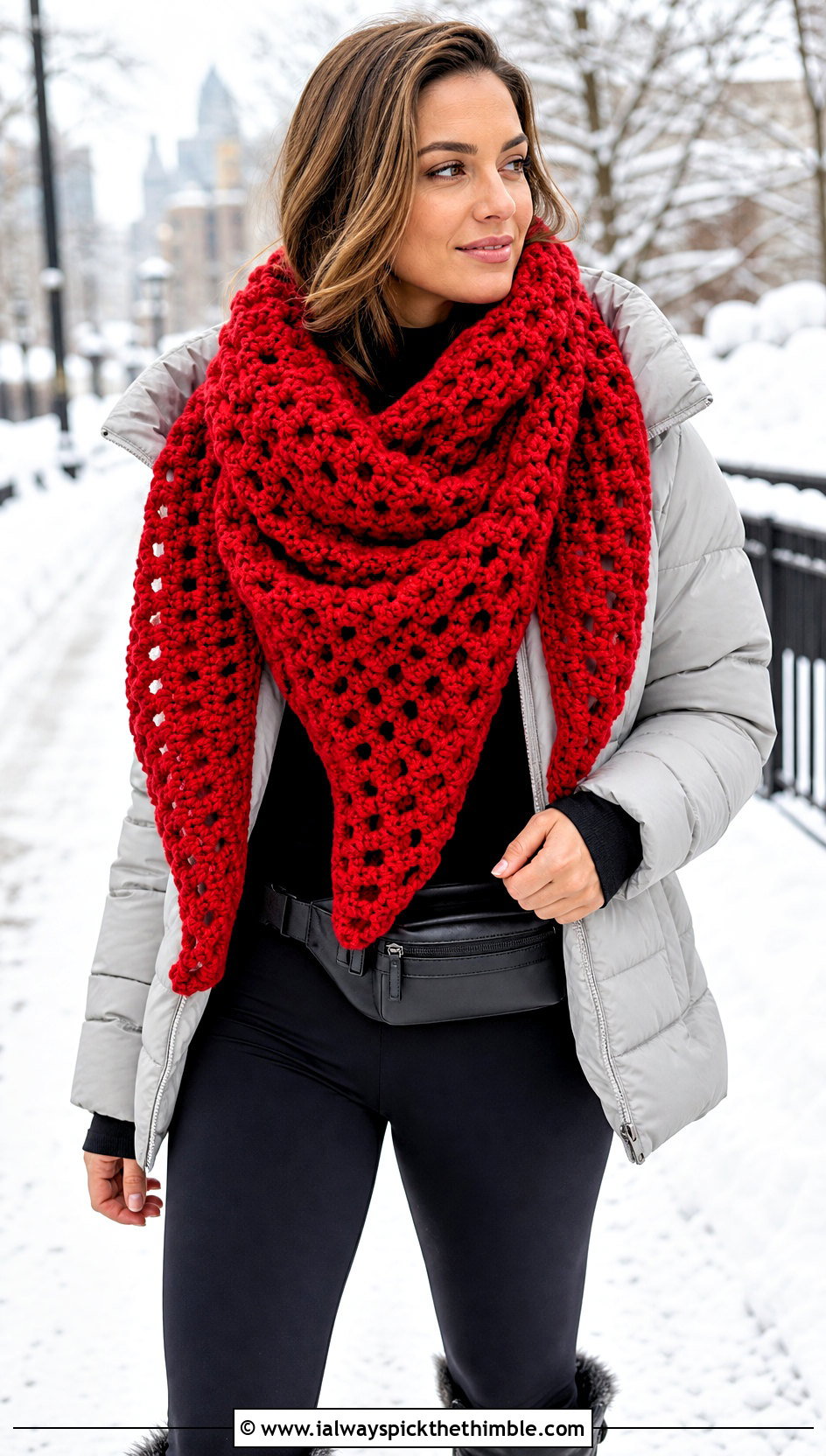 Chunky Triangle Crochet Shawl With Puffer Coat And Leggings - 15 Beginner Triangle Crochet Shawl outfit ideas