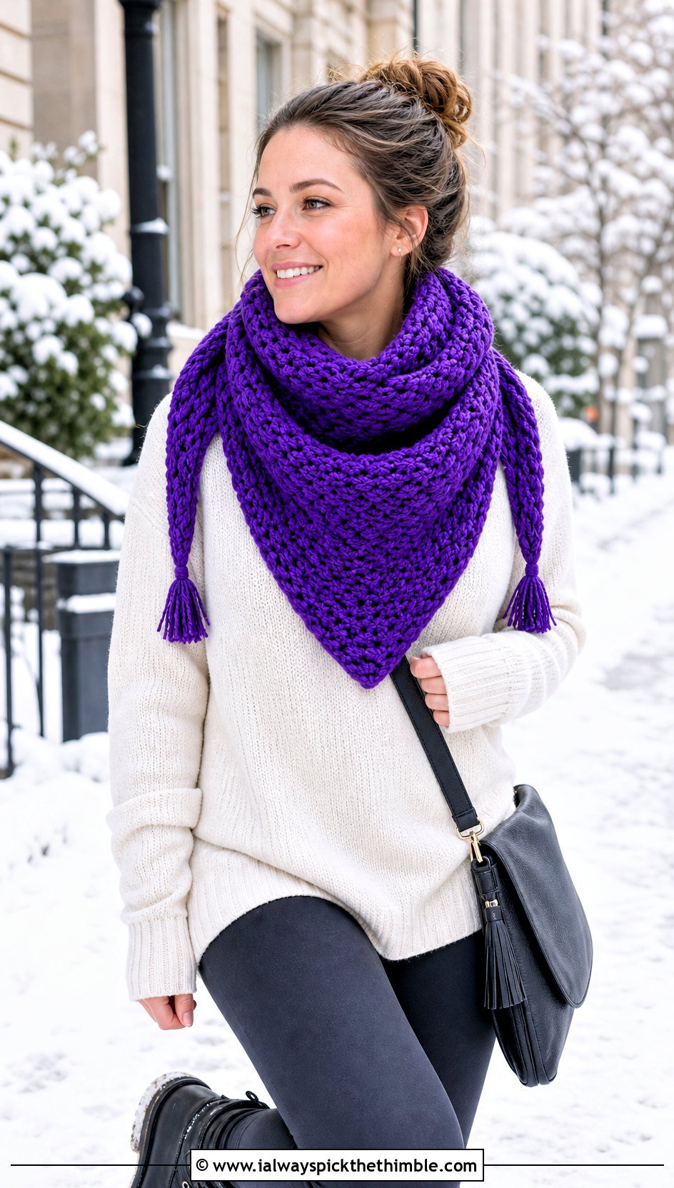 Chunky Triangle Crochet Shawl With Sweater And Leggings - 20 easy triangle crochet shawl outfit ideas