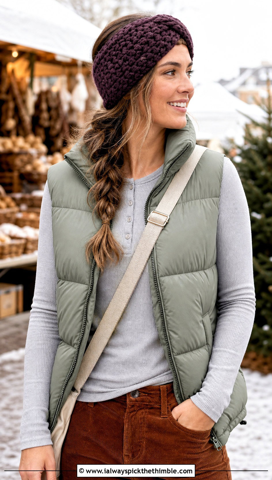 Chunky Triangle Headband With Puffer Vest And Corduroy Pants - 20 crochet triangle headband outfit ideas