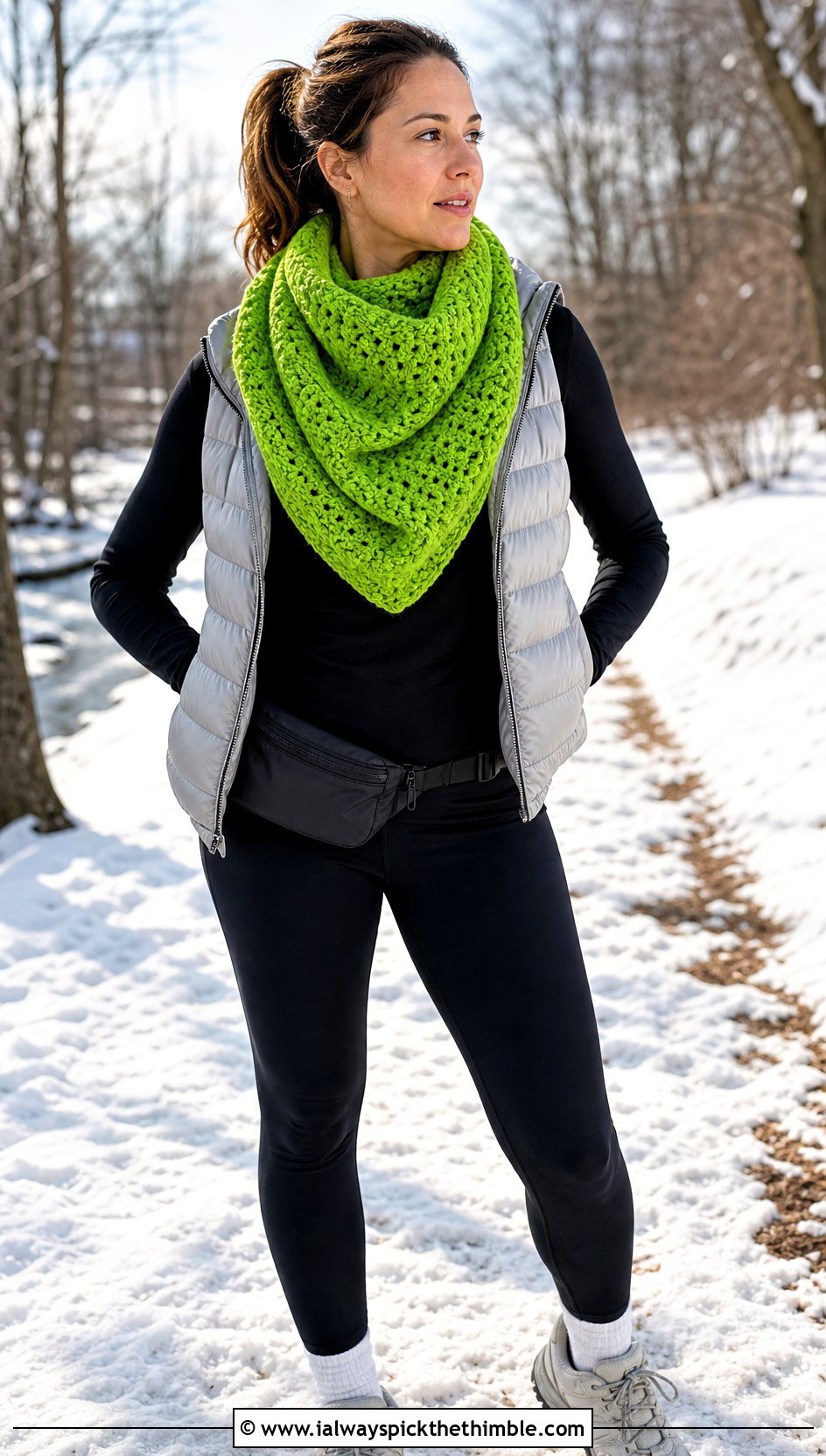 Chunky Triangle Shawl With Puffer Vest And Leggings - 20 easy crochet triangle shawl outfit ideas