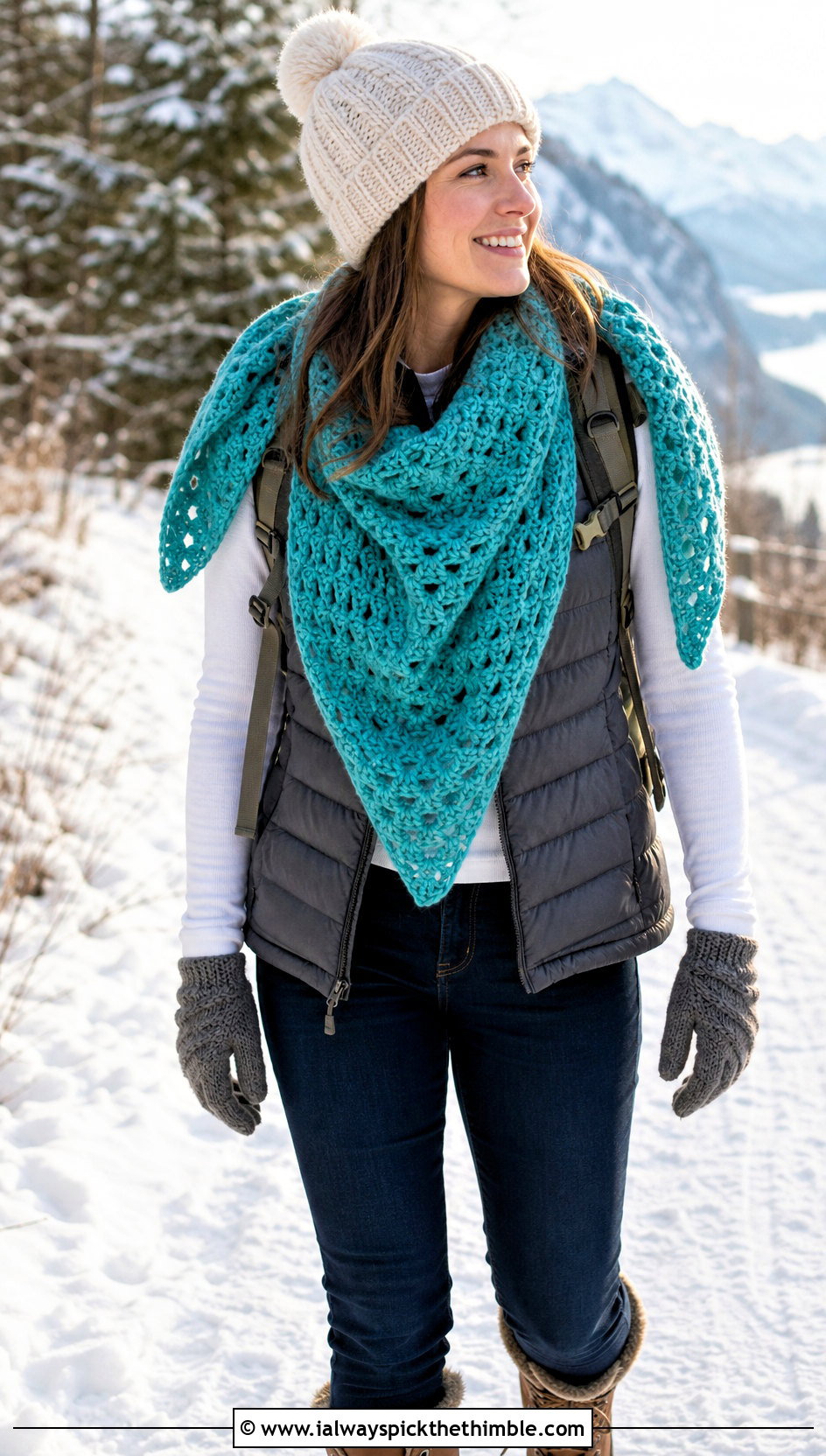 Chunky Triangular Crochet Shawl With Puffer Vest - 20 triangular crochet shawl outfit ideas