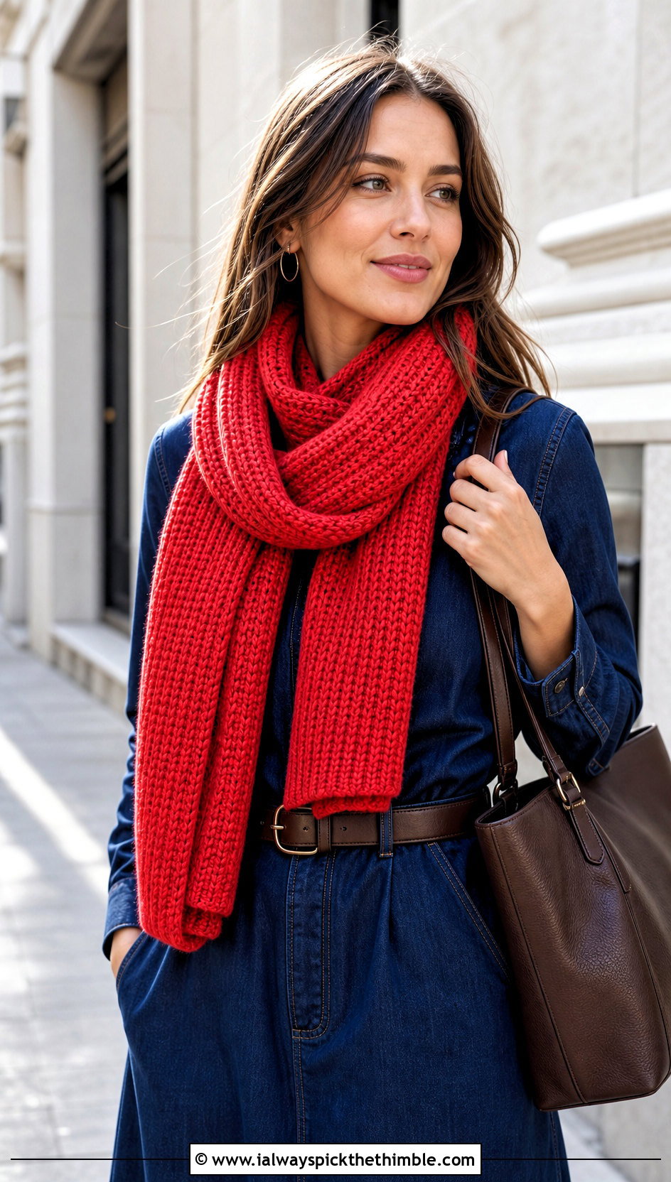 Chunky Tunisian Crochet Scarf With Denim Midi Dress - 20 Chunky Yarn Crochet Scarf outfit ideas
