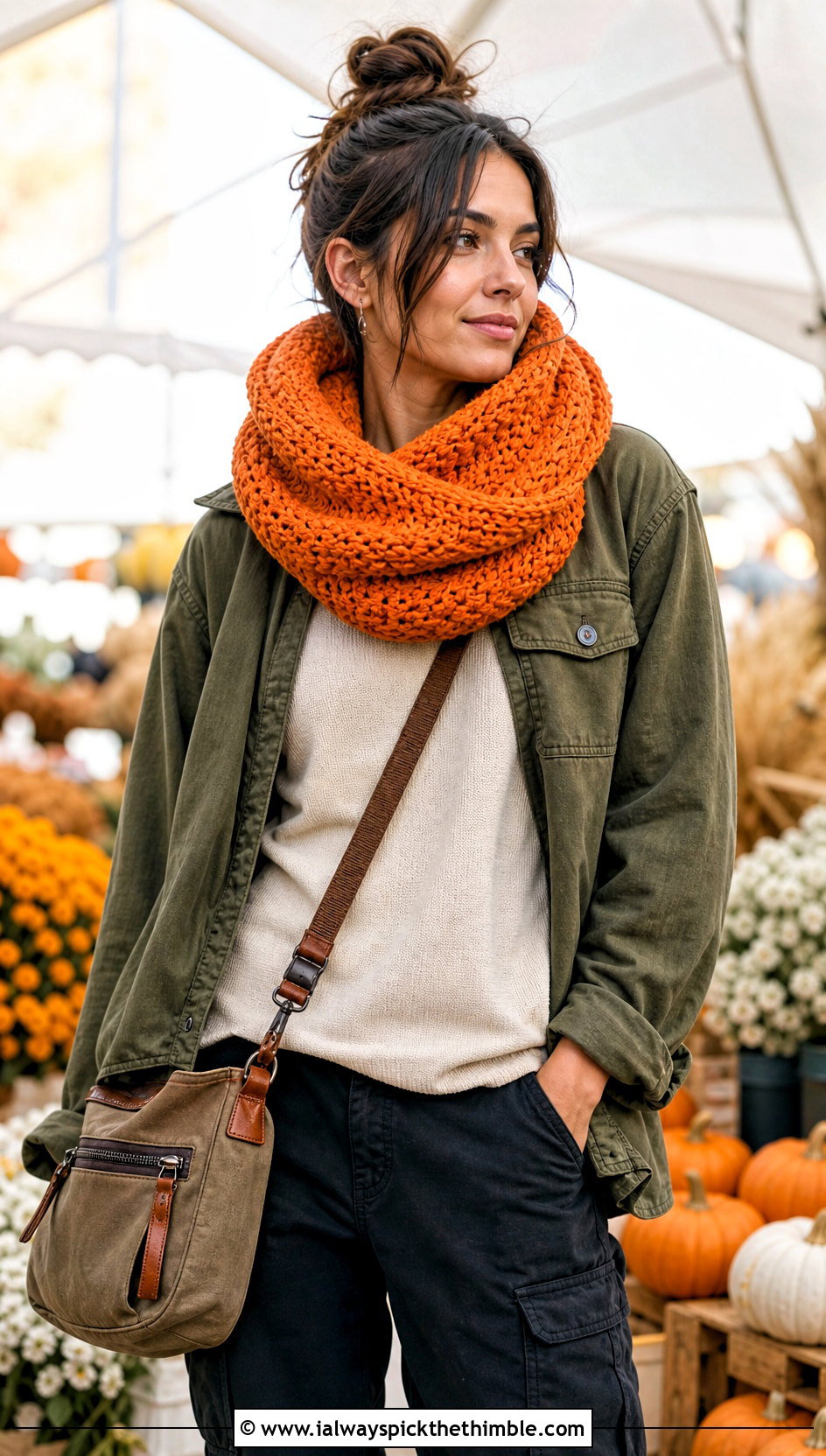 Chunky Tunisian Infinity Scarf With Shacket And Cargo Pants - 15 Tunisian Crochet Infinity Scarf outfit ideas