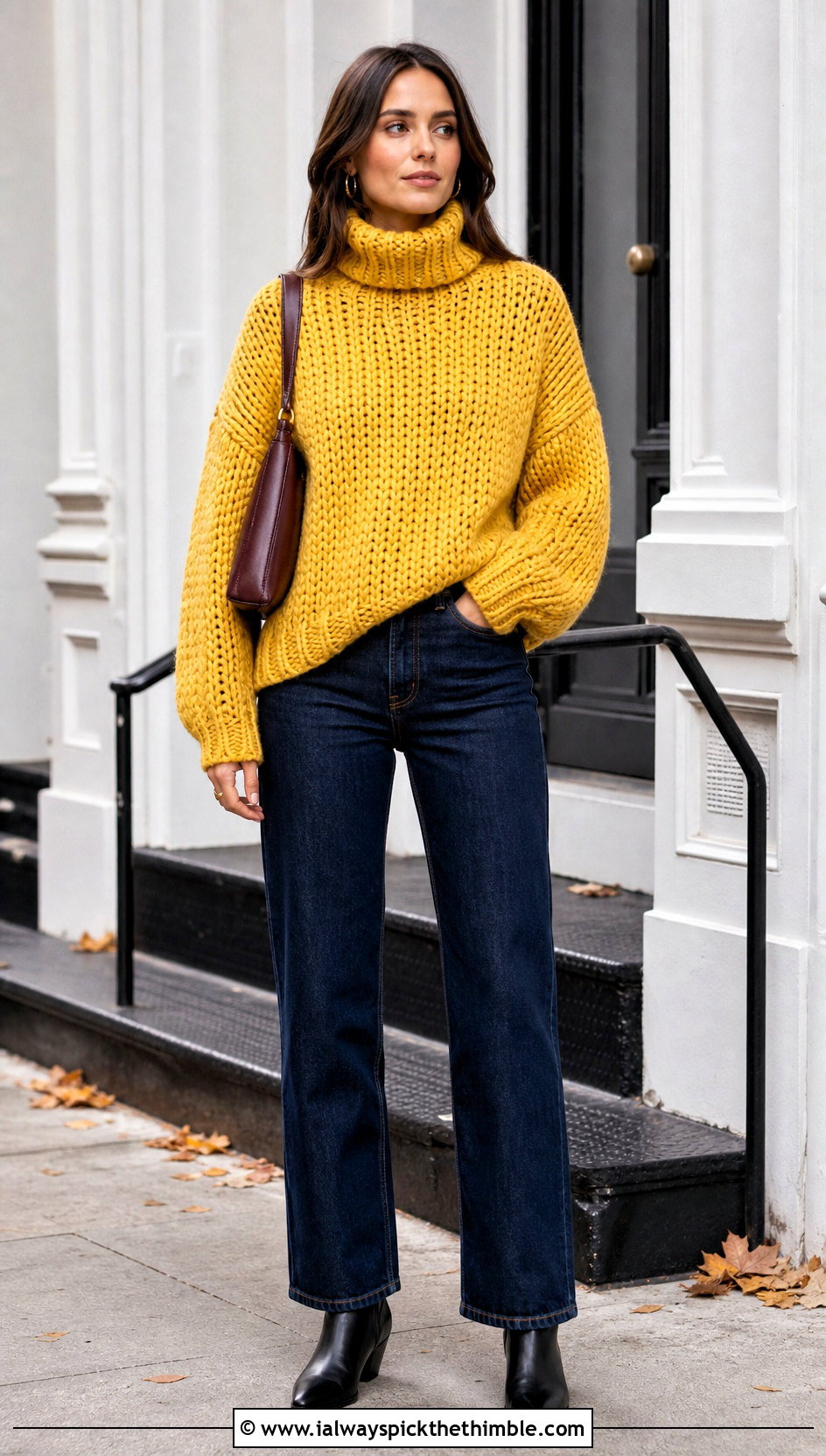 Chunky Turtleneck Crochet Jumper With Straight Jeans - 20 oversized crochet jumper outfit ideas