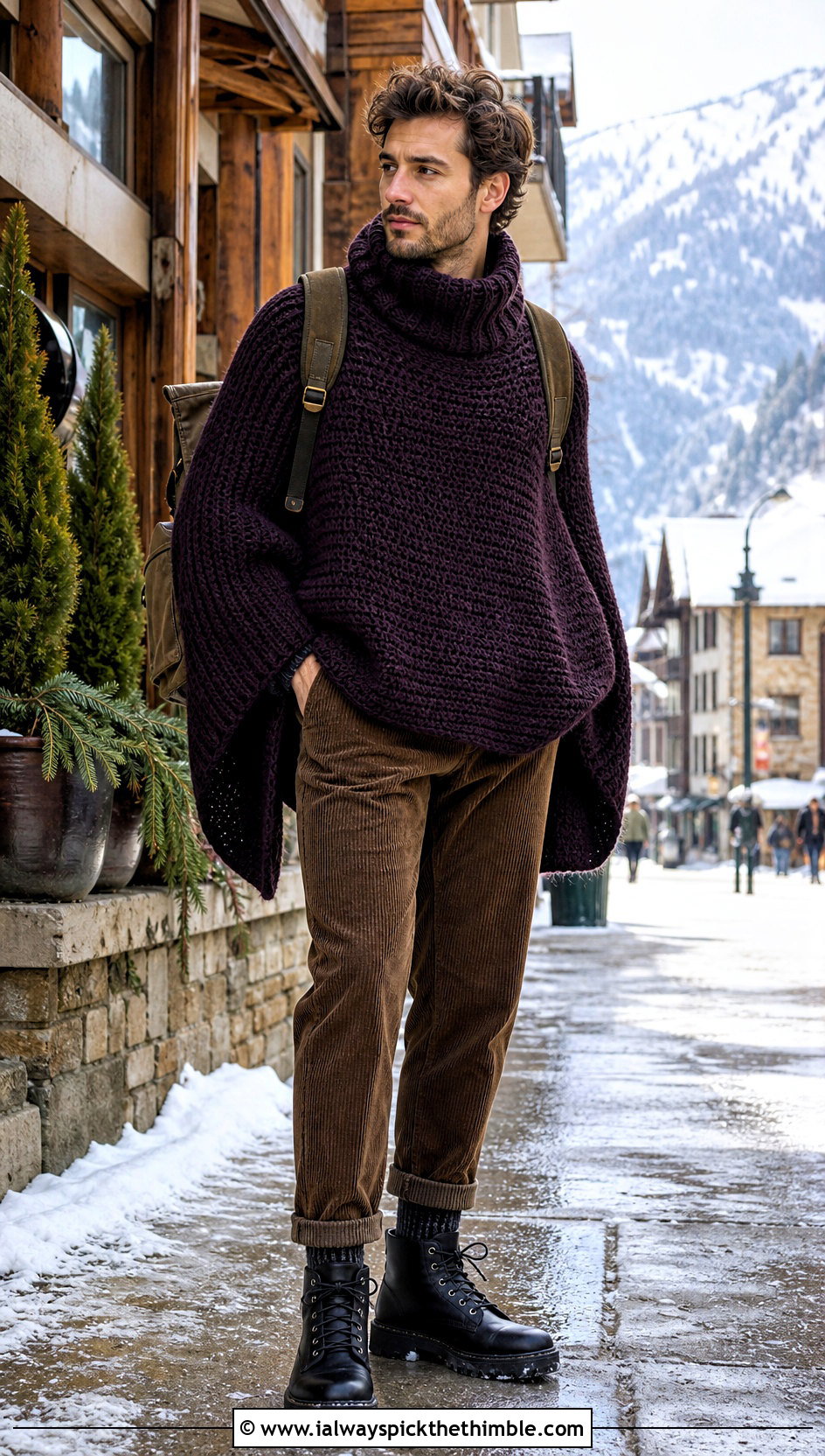 Chunky Turtleneck Crochet Poncho With Corduroy Pants - 20 mens crochet poncho outfit ideas