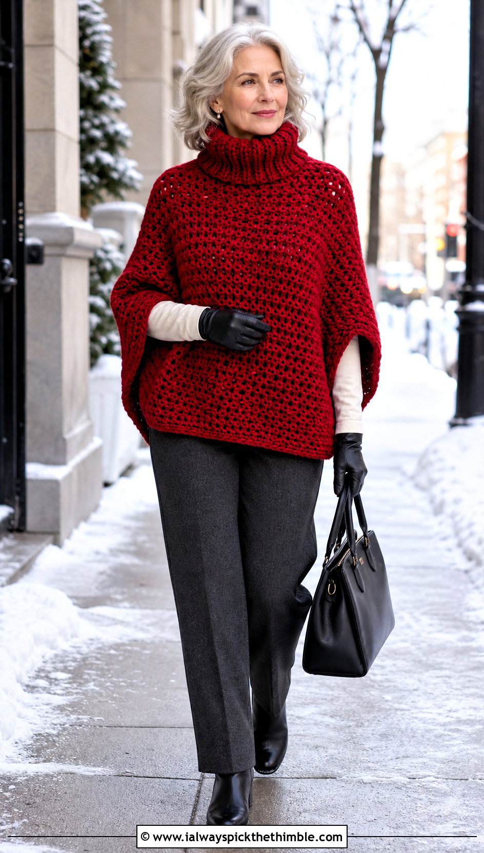 Chunky Turtleneck Crochet Poncho With Wool Trousers - 15 Vintage Crochet Poncho outfit ideas