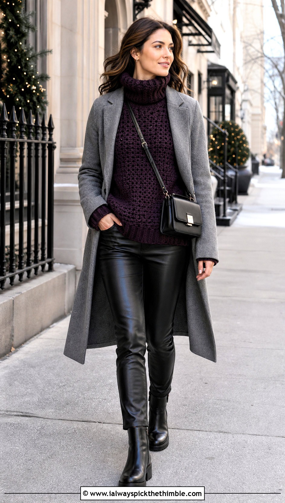Chunky Turtleneck Crochet Pullover With Leather Pants - 25 crochet pullover outfit ideas