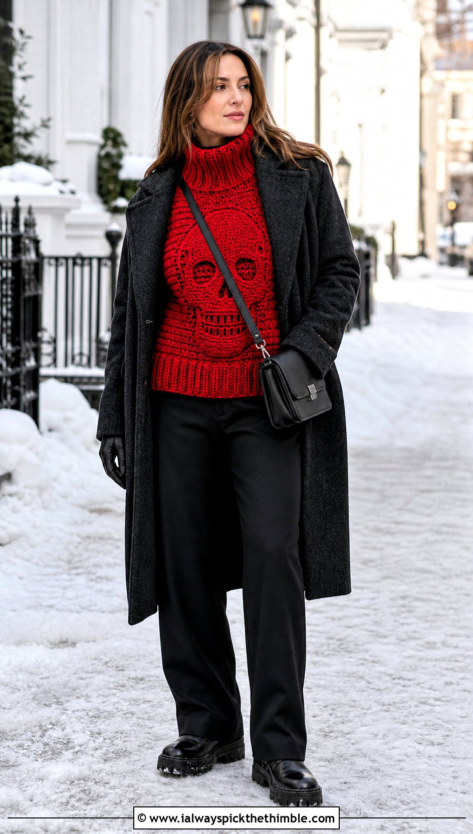 Chunky Turtleneck Crochet Skull Sweater With Wool Coat - 25 crochet skull sweater outfit ideas