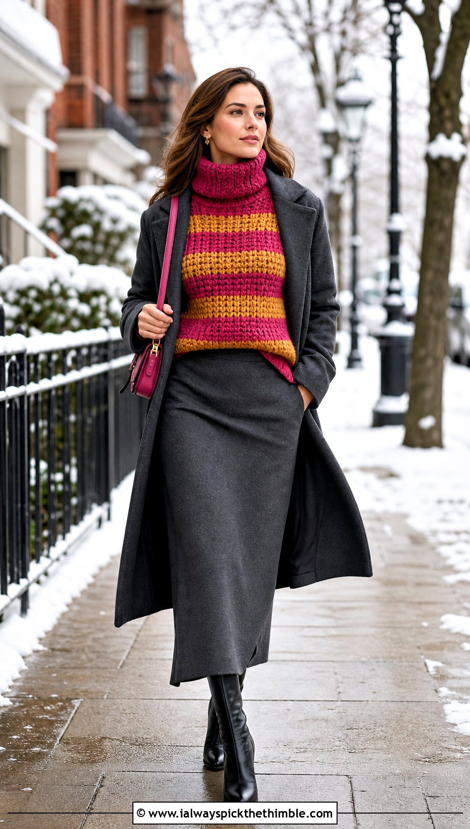 Chunky Turtleneck Crochet Striped Sweater With Maxi Skirt And Boots - 15 Crochet Stripped Sweater outfit ideas
