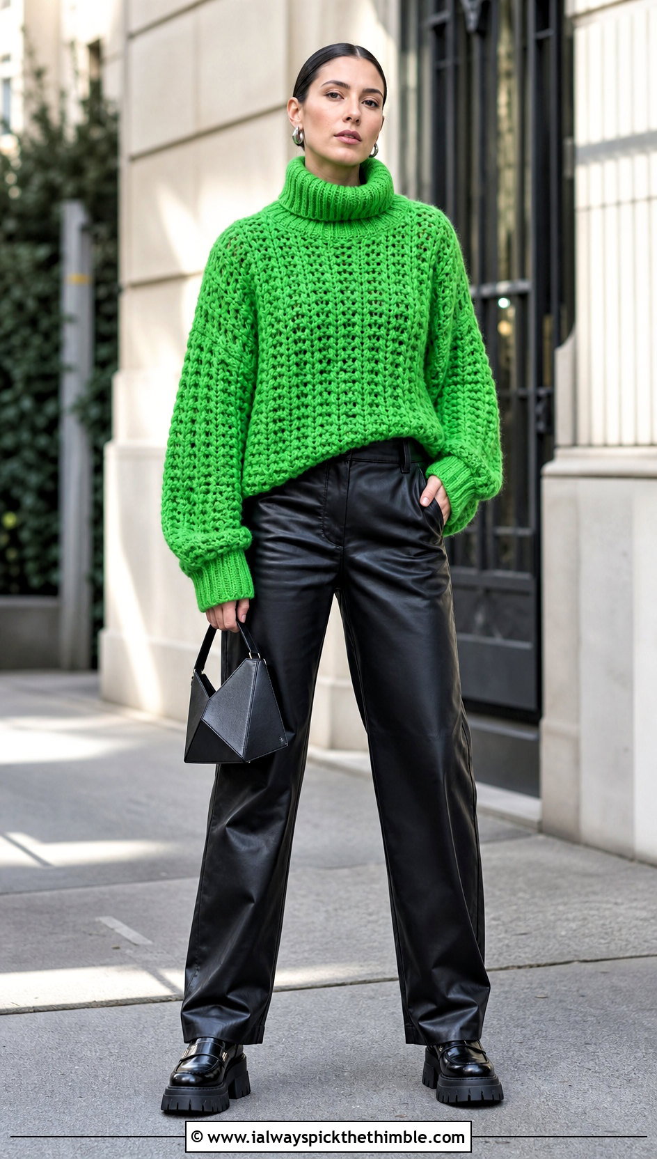 Chunky Turtleneck Crochet Sweater With Black Leather Pants - 20 bulky yarn crochet sweater outfit ideas