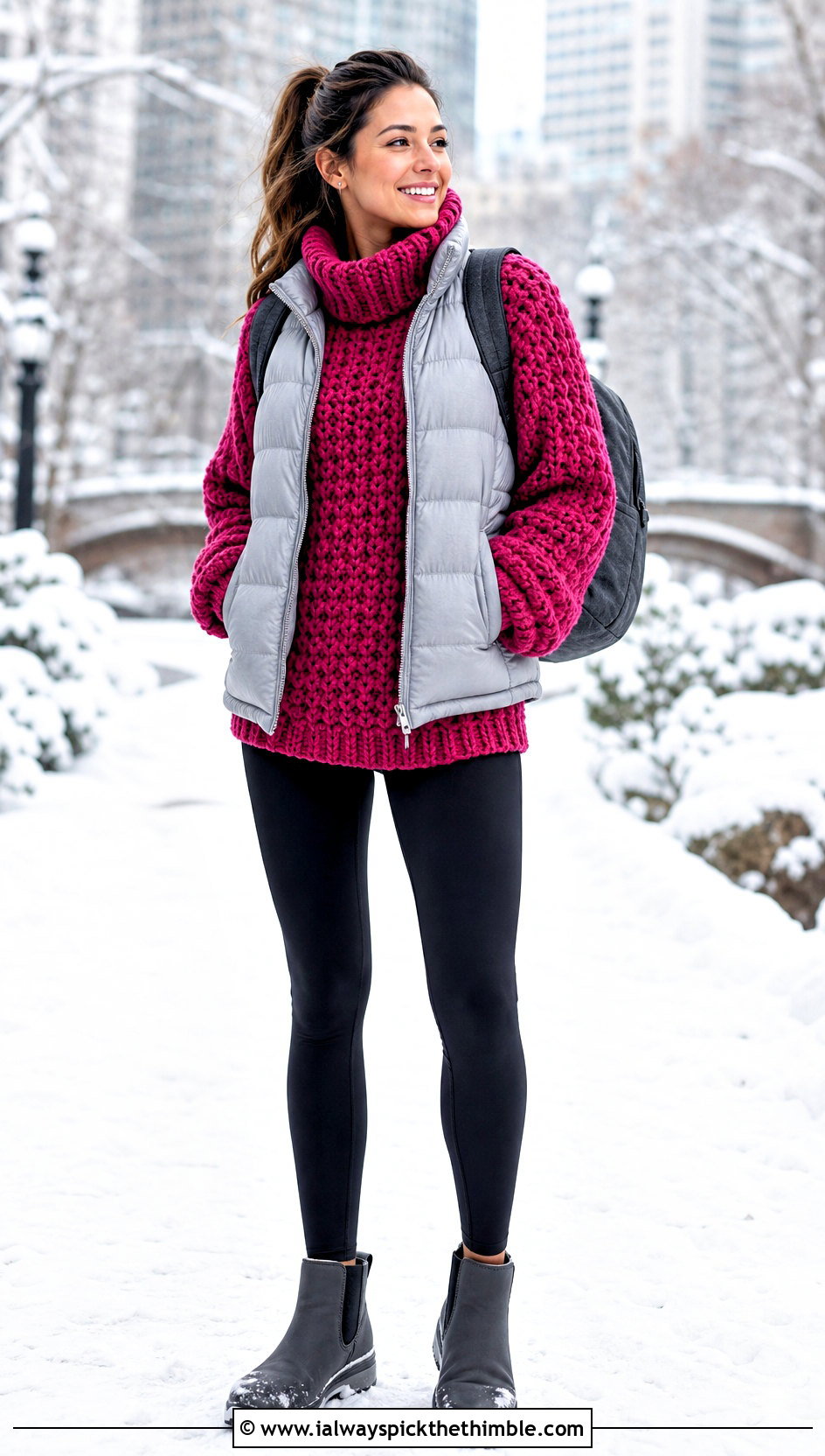 Chunky Turtleneck Crochet Sweater With Leggings And Puffer Vest - 20 thick yarn crochet sweater outfit ideas