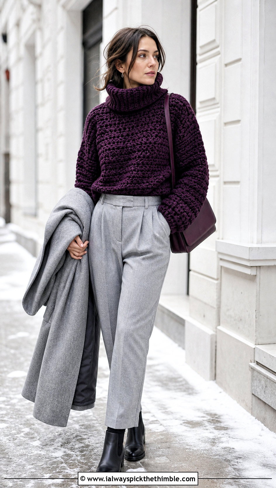 Chunky Turtleneck Crochet Sweater With Wool Trousers - 20 crochet key sweater outfit ideas